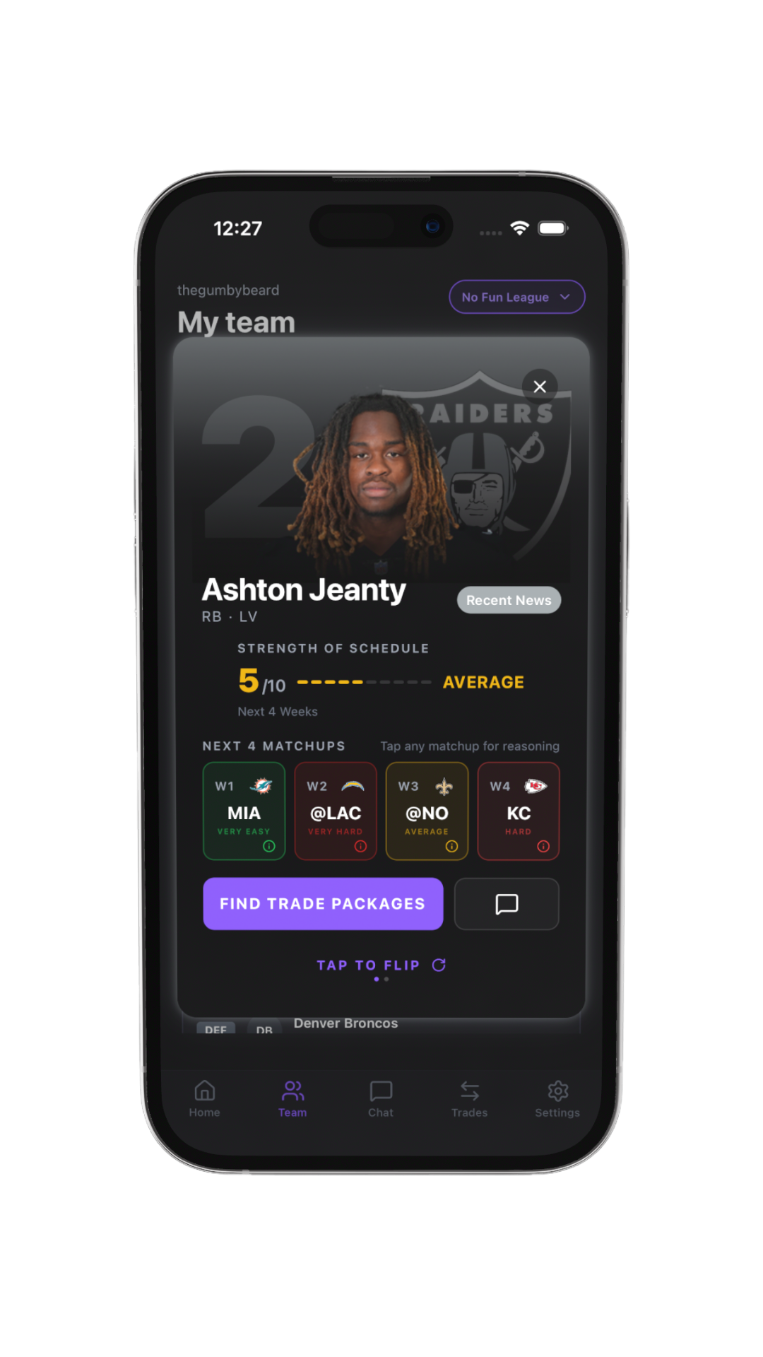 Cadence player intelligence card with strength of schedule and matchups