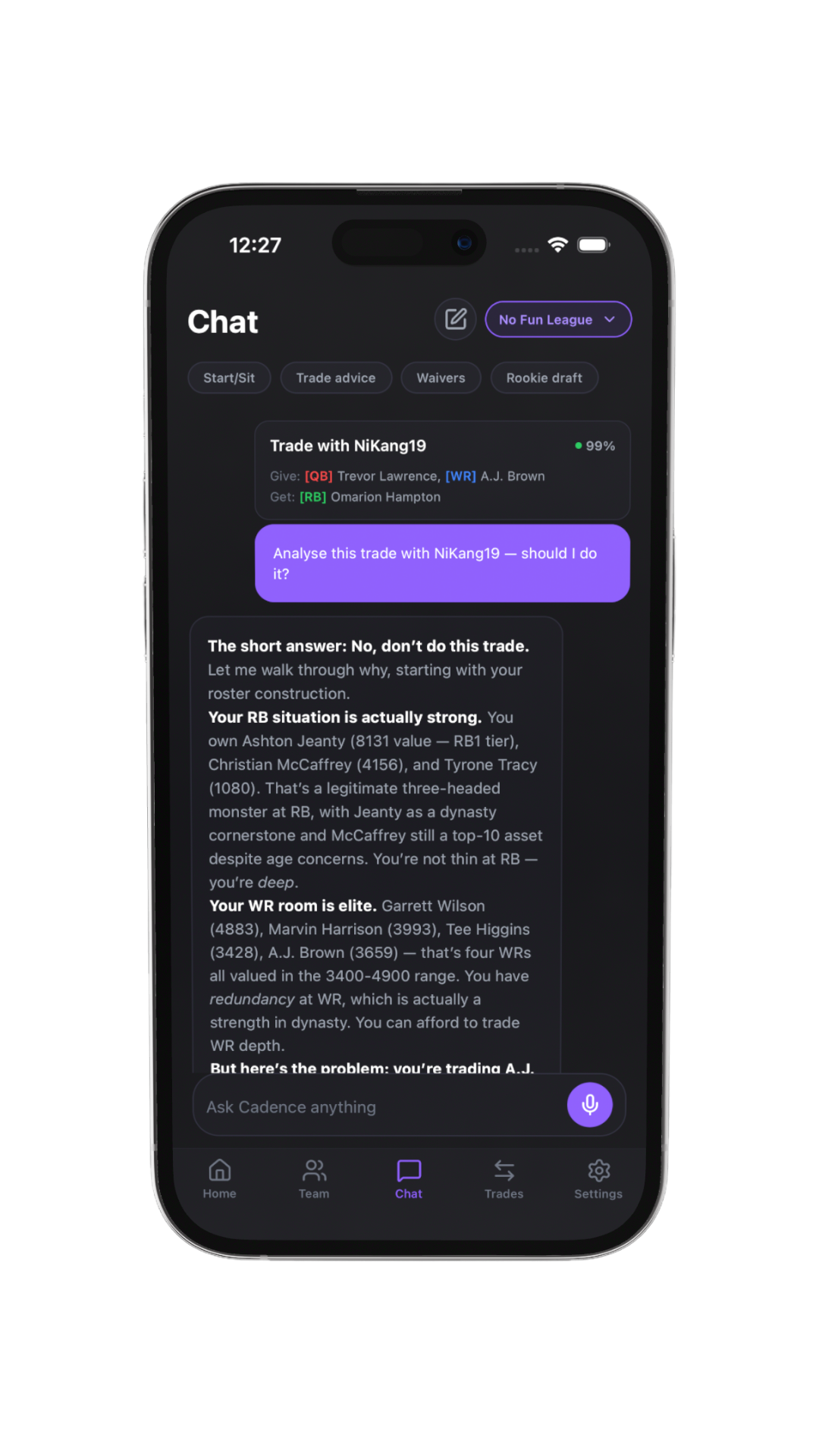Cadence AI chat analysing a trade with a clear recommendation