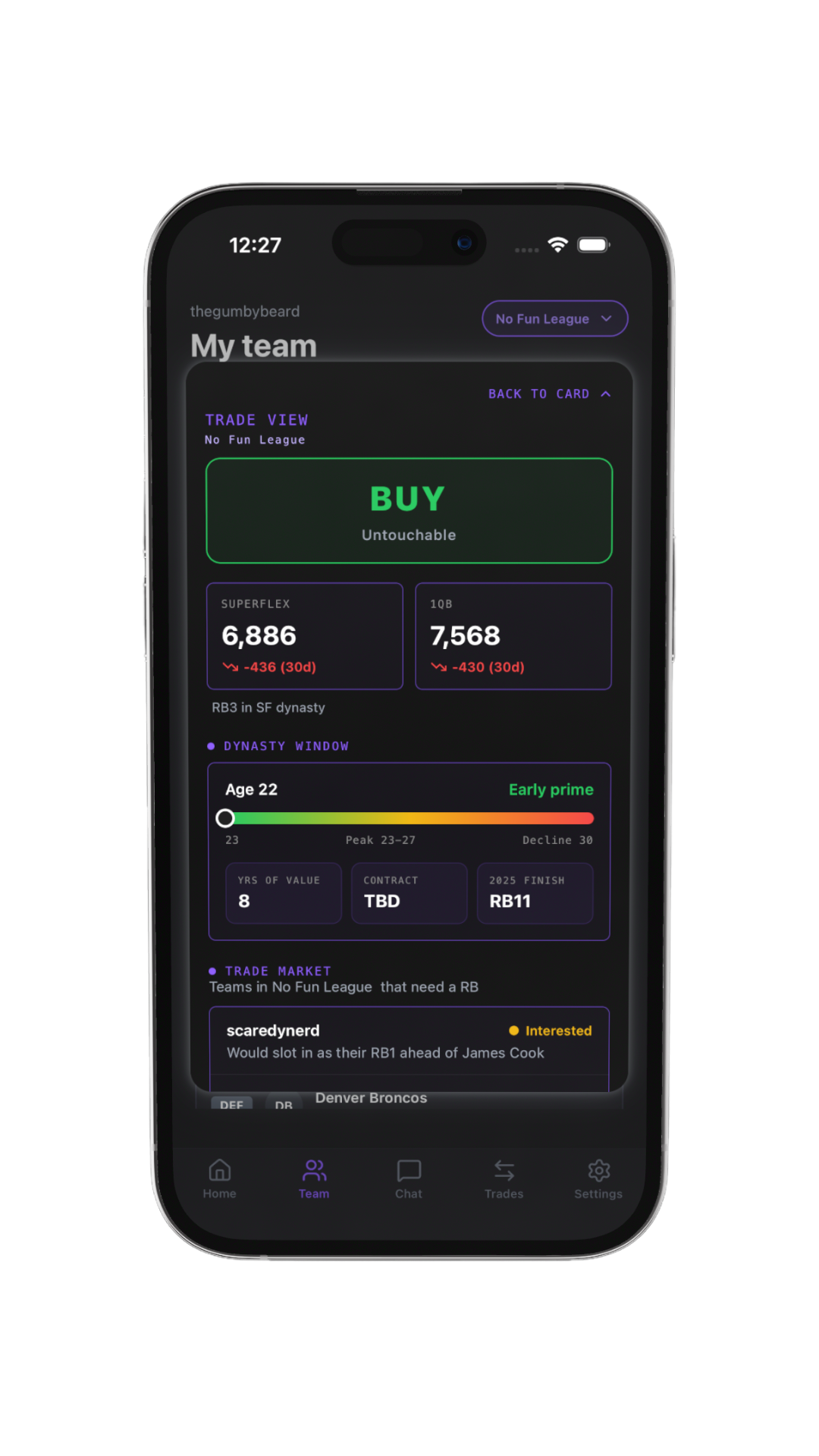 Cadence trade view showing buy rating and dynasty value window