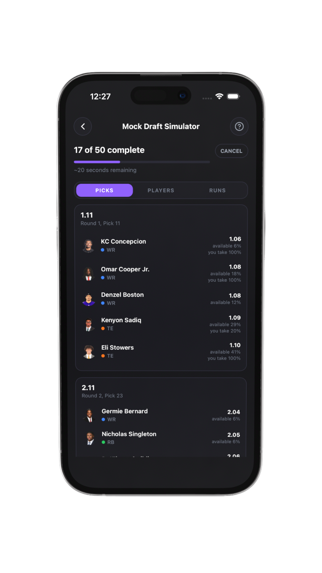 Cadence mock draft simulator results by pick