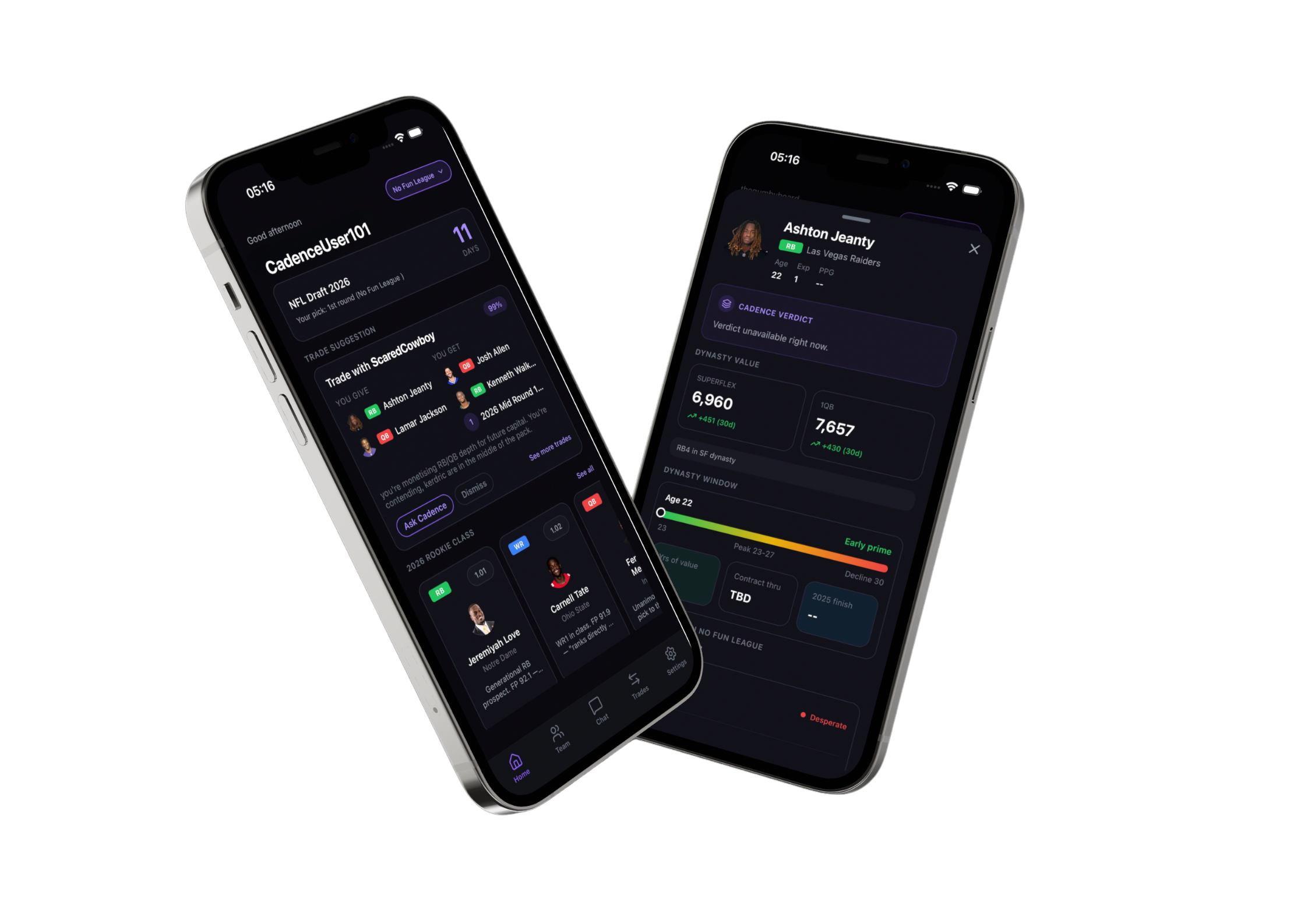 Cadence app showing dashboard and player intelligence